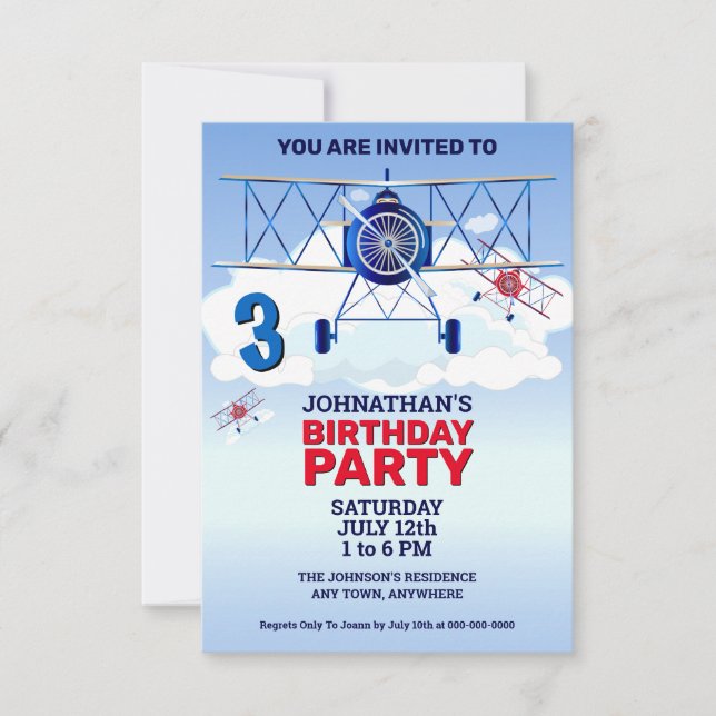 Invitación de cumpleaños de avión antiguo (Anverso)