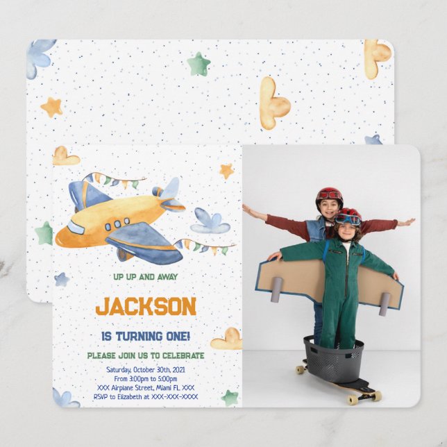 Invitación de cumpleaños de avión editable con fot (Anverso / Reverso)