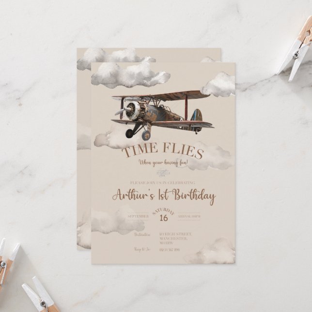 Invitación de cumpleaños de avión El tiempo vuela (Anverso/Reverso In Situ)