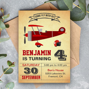 Invitación de cumpleaños de avión rojo vintage