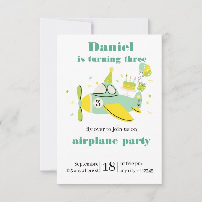 Invitación de cumpleaños de avión simple ✈️ (Anverso)