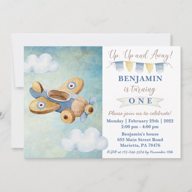 Invitación de cumpleaños de avión viejo y ausente (Anverso)