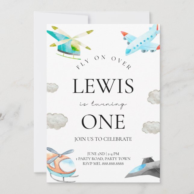 Invitación de cumpleaños de avión y helicóptero pa (Anverso)