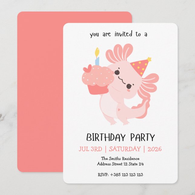 Invitación de cumpleaños de Axolotl Kawaii (Anverso / Reverso)