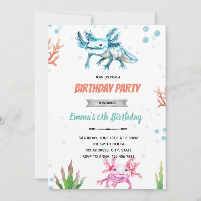 Invitación de cumpleaños de axolotl lindo (Anverso)
