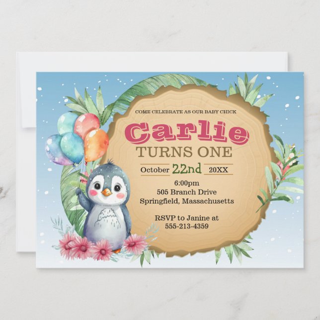 Invitación de cumpleaños de Baby Chick Penguin (Anverso)
