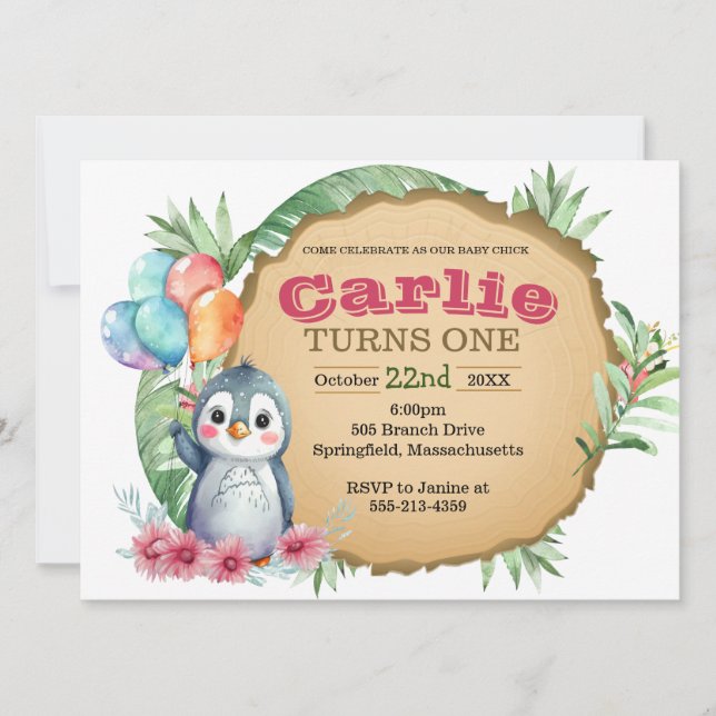 Invitación de cumpleaños de Baby Chick Penguin (Anverso)
