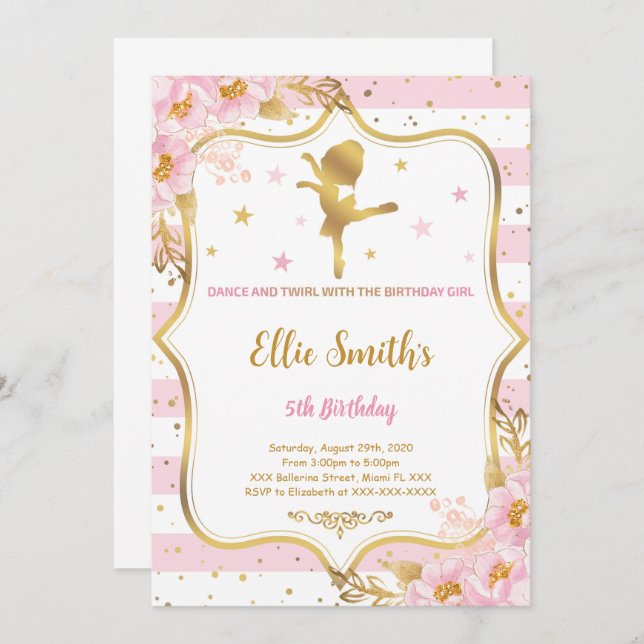 Invitación de cumpleaños de bailarina (Anverso / Reverso)