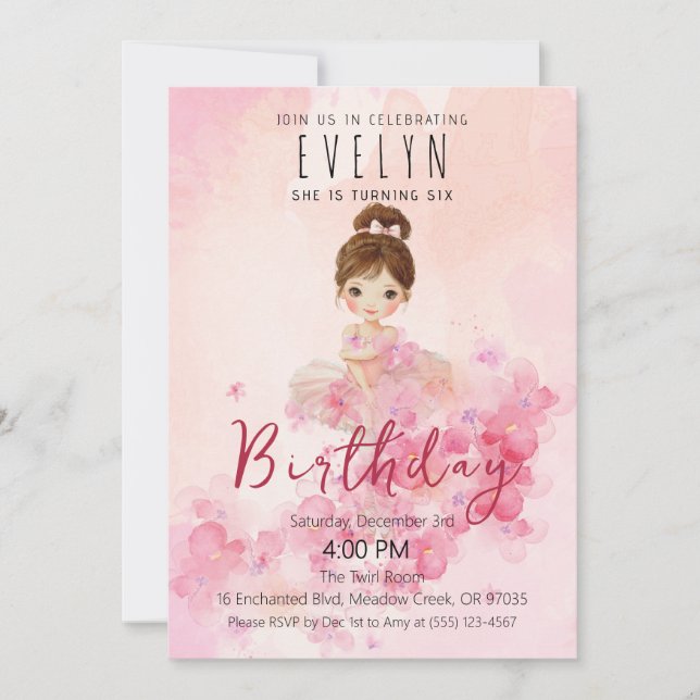 Invitación de Cumpleaños de Bailarina con Tutú Ado (Anverso)