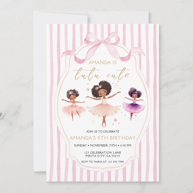 Invitación de cumpleaños de bailarina con tutú ros (Anverso)