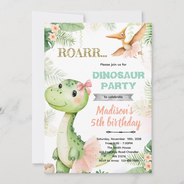 invitación de cumpleaños de bailarina de dinosauri (Anverso)
