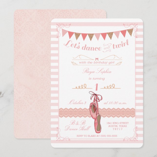 Invitación de cumpleaños de bailarina de oro y ros (Anverso / Reverso)