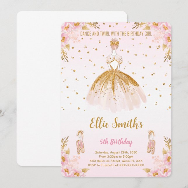 Invitación de cumpleaños de bailarina editable (Anverso / Reverso)