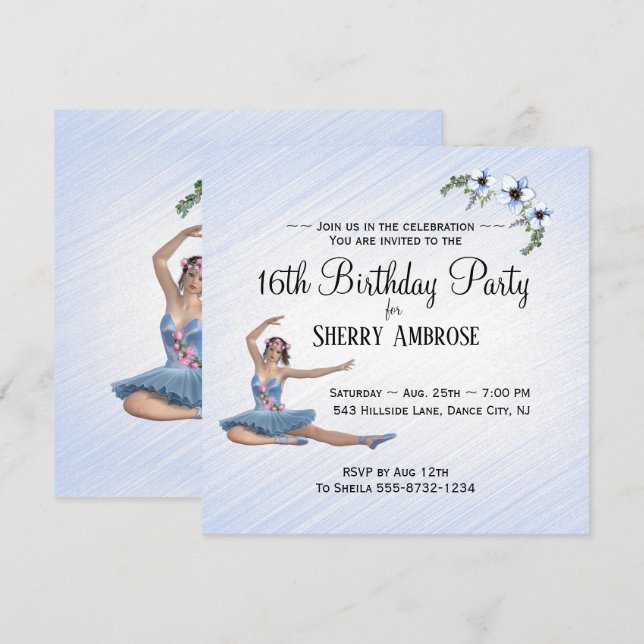 Invitación de cumpleaños de bailarina en azul (Anverso / Reverso)