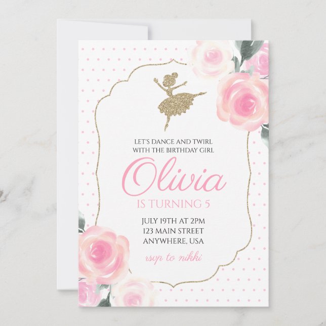 Invitación de cumpleaños de bailarina floral (Anverso)