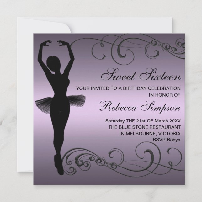 Invitación de cumpleaños de bailarina negra y púrp (Anverso)