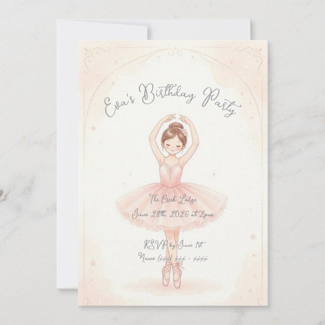 Invitación de cumpleaños de bailarina rosa (Anverso)