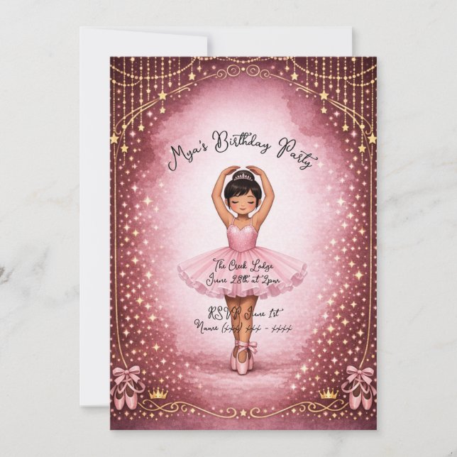 Invitación de cumpleaños de bailarina rosa (Anverso)