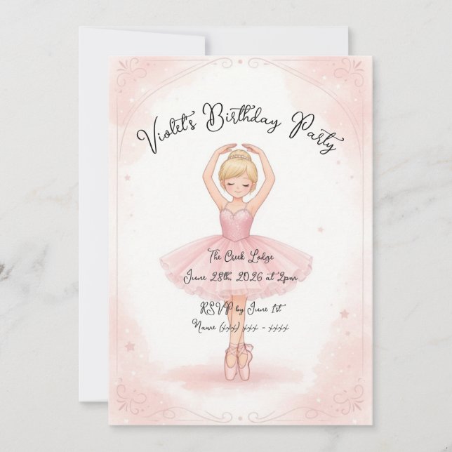 Invitación de cumpleaños de bailarina rosa (Anverso)