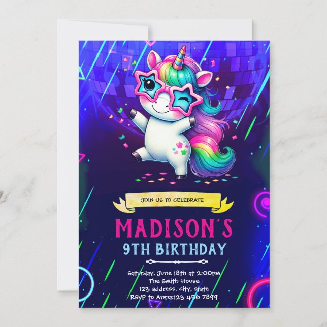 invitación de cumpleaños de baile de unicornio (Anverso)