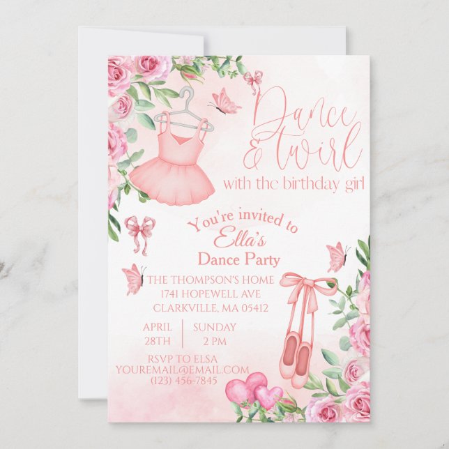 Invitación de cumpleaños de baile y giro (Anverso)