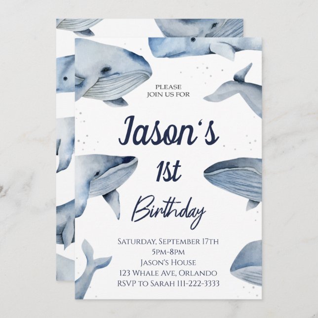 Invitación de cumpleaños de ballena acuarela (Anverso / Reverso)
