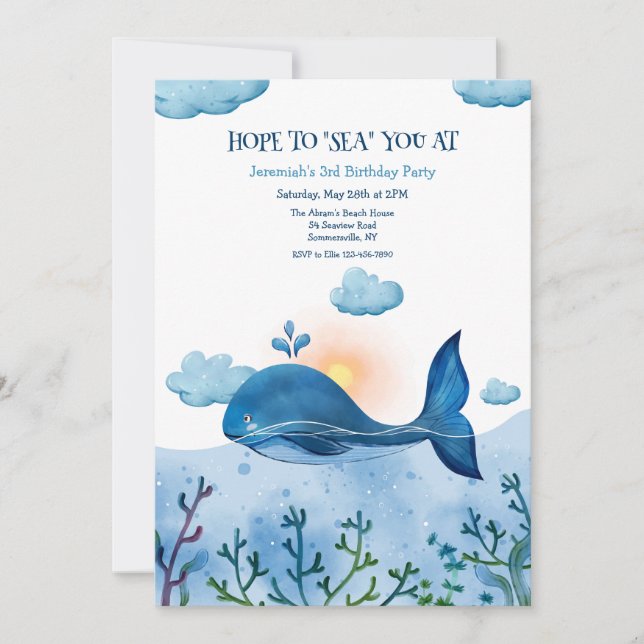Invitación de cumpleaños de ballena azul (Anverso)