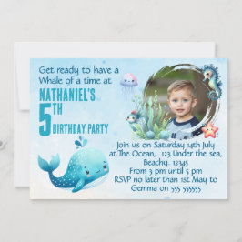 Invitación de cumpleaños de ballena con una foto p