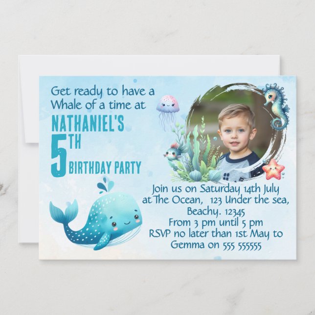 Invitación de cumpleaños de ballena con una foto p (Anverso)