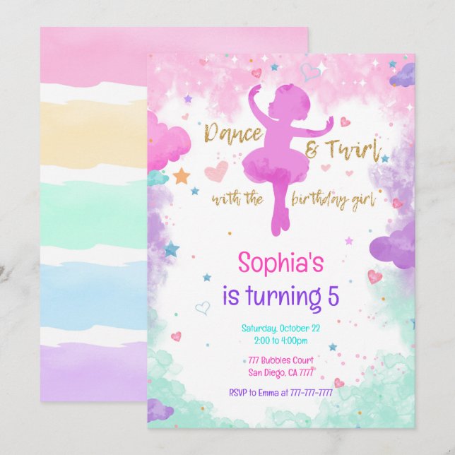 Invitación de cumpleaños de Ballerina (Anverso / Reverso)