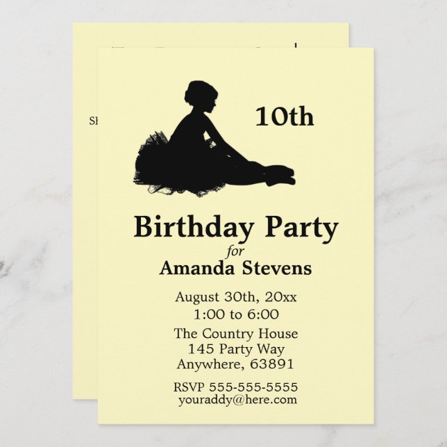 Invitación de cumpleaños de Ballerina Amarilla (Anverso / Reverso)