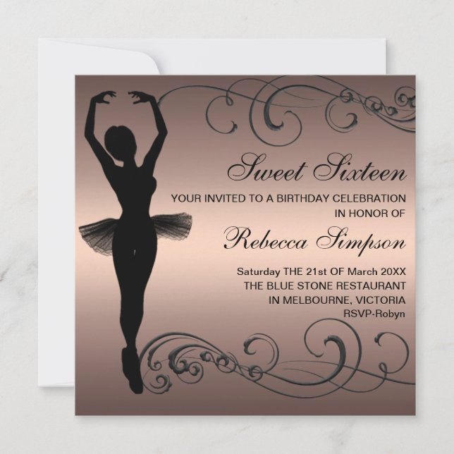 Invitación de cumpleaños de Ballerina Black & Peac (Anverso)