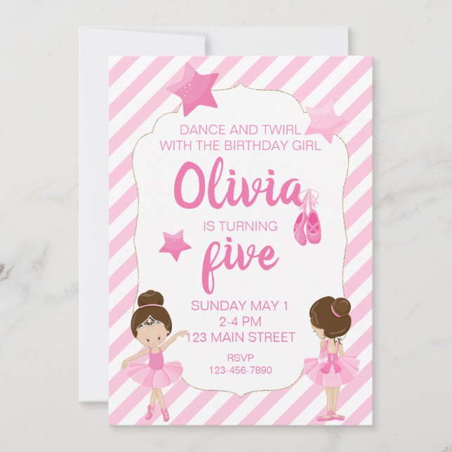 Invitación de cumpleaños de Ballerina con rayas ro (Anverso)
