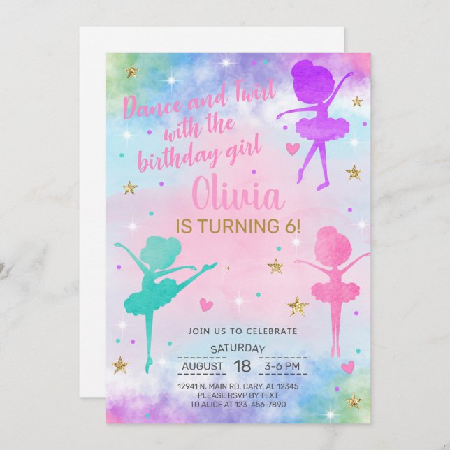 Invitación de cumpleaños de Ballerina Dance Twirl  (Anverso / Reverso)
