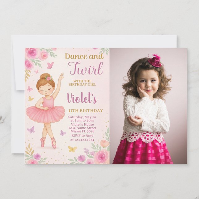 Invitación de cumpleaños de Ballerina de moda con  (Anverso)
