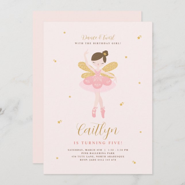 Invitación de cumpleaños de Ballerina de Oro y Ros (Anverso / Reverso)