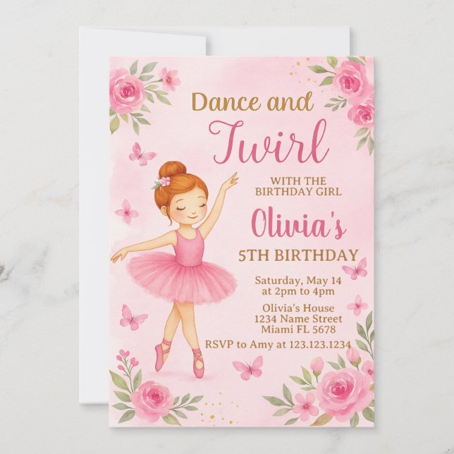 Invitación de cumpleaños de Ballerina editable (Anverso)