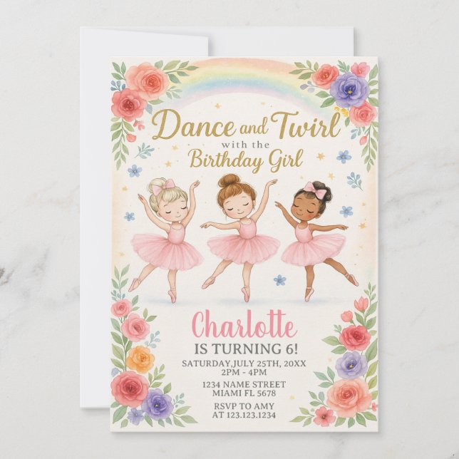 Invitación de cumpleaños de Ballerina editable par (Anverso)