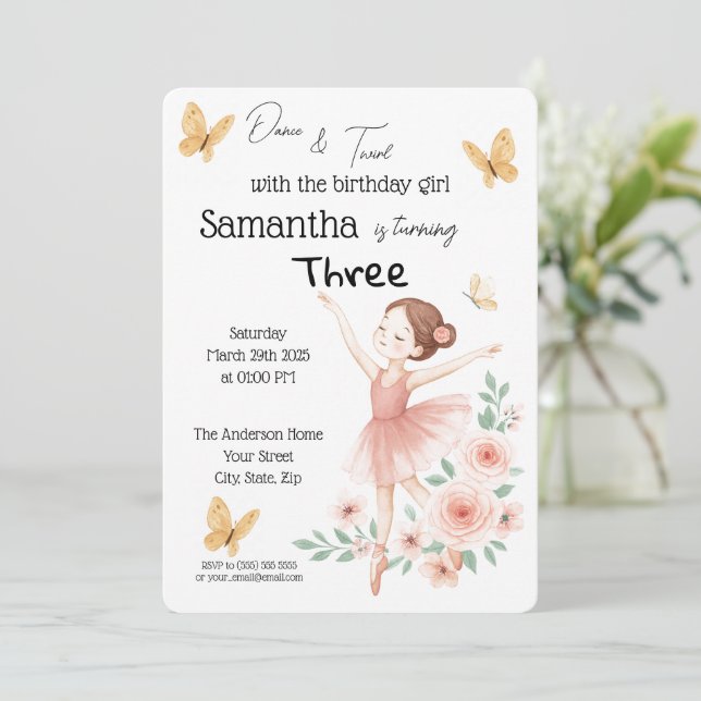 Invitación de cumpleaños de Ballerina - Fiesta de  (Anverso de pie)