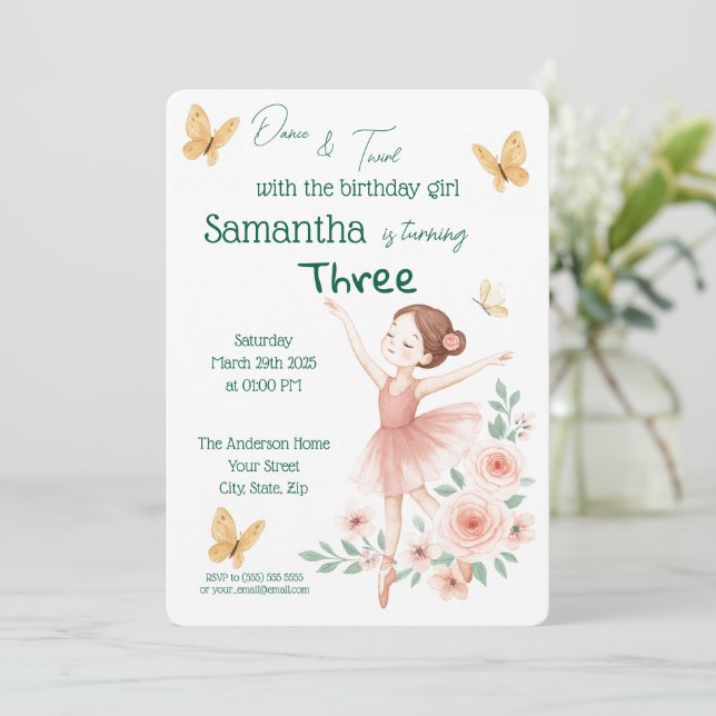 Invitación de cumpleaños de Ballerina - Fiesta de  (Anverso de pie)