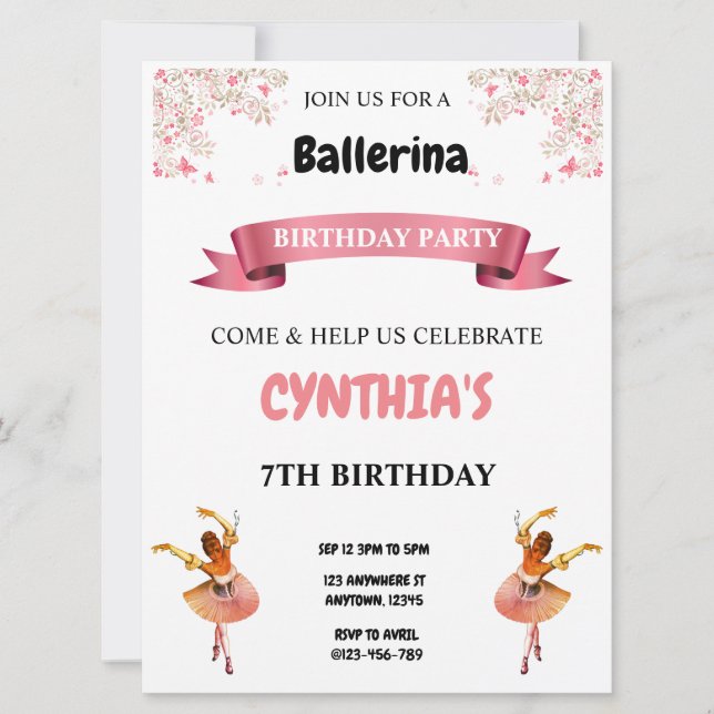 Invitación de cumpleaños de Ballerina Rosa (Anverso)