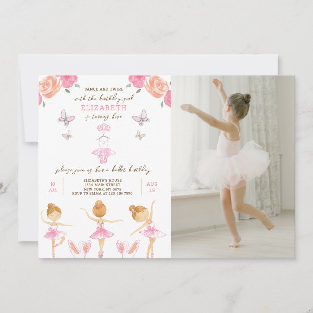 Invitación de cumpleaños de Ballerina Rosa con fot (Anverso)