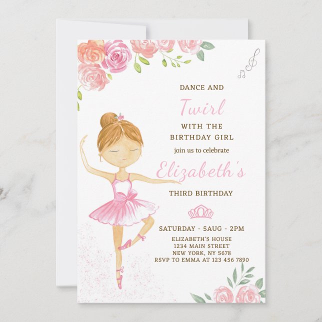 Invitación de cumpleaños de Ballerina Rosa Cute (Anverso)
