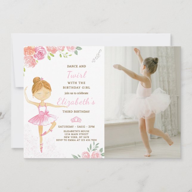 Invitación de cumpleaños de Ballerina Rosa Cute co (Anverso)
