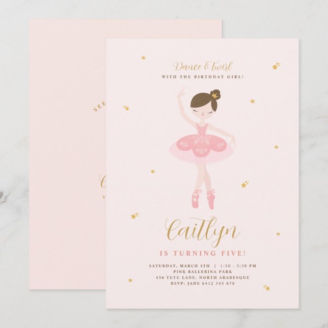 Invitación de cumpleaños de Ballerina Rosa y Oro (Anverso / Reverso)