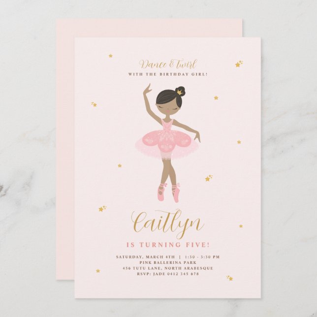 Invitación de cumpleaños de Ballerina Rosa y Oro (Anverso / Reverso)