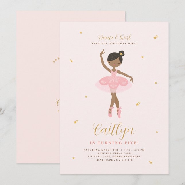 Invitación de cumpleaños de Ballerina Rosa y Oro (Anverso / Reverso)