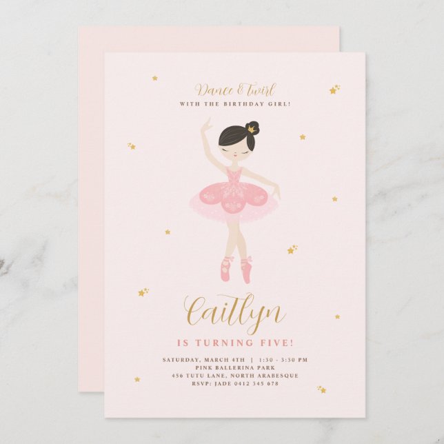 Invitación de cumpleaños de Ballerina Rosa y Oro (Anverso / Reverso)