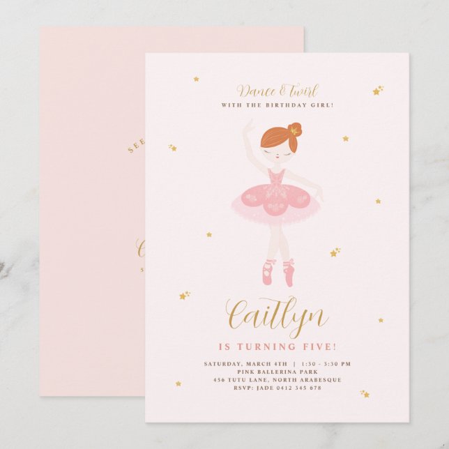 Invitación de cumpleaños de Ballerina Rosa y Oro (Anverso / Reverso)