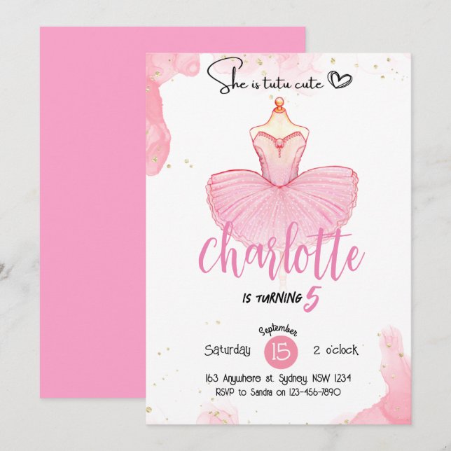 invitación de cumpleaños de Ballet tutú lindo (Anverso / Reverso)
